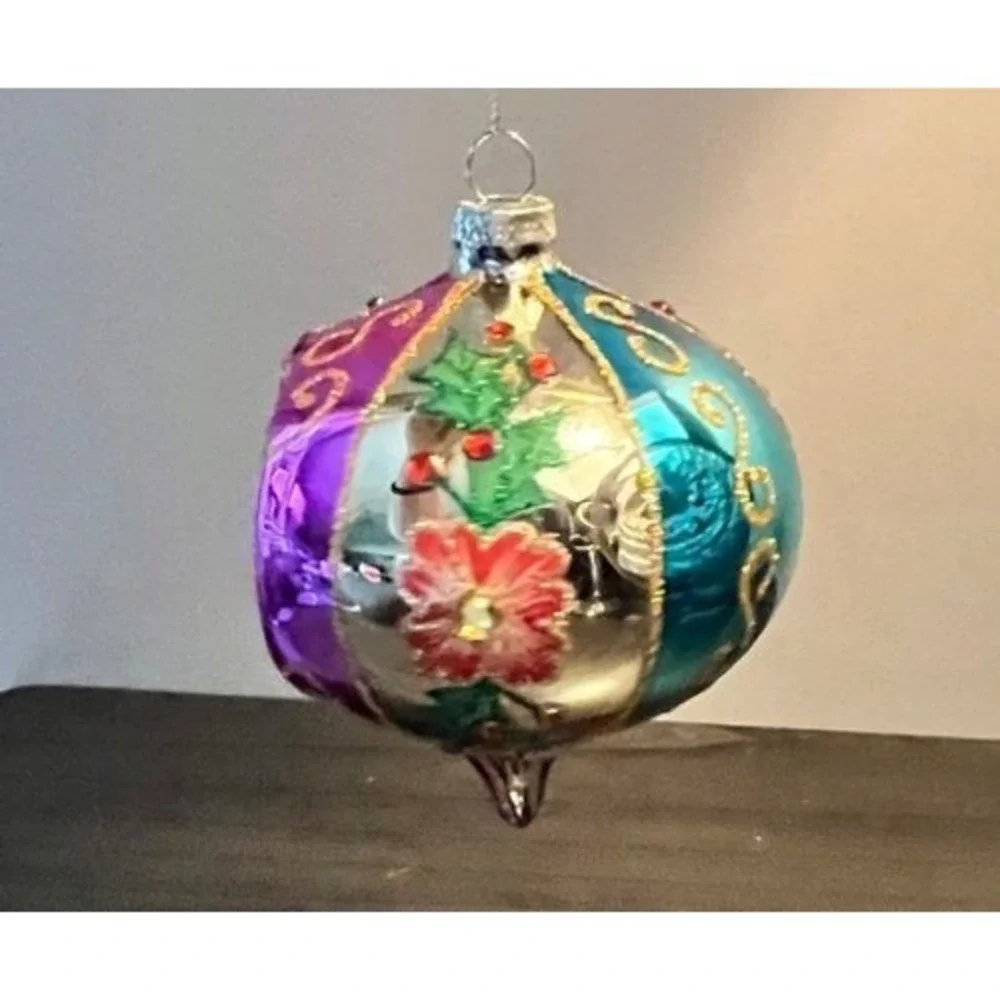 RAZ Imports Multicolor Reflector Glass Christmas Ornament Holly Floral 4.25